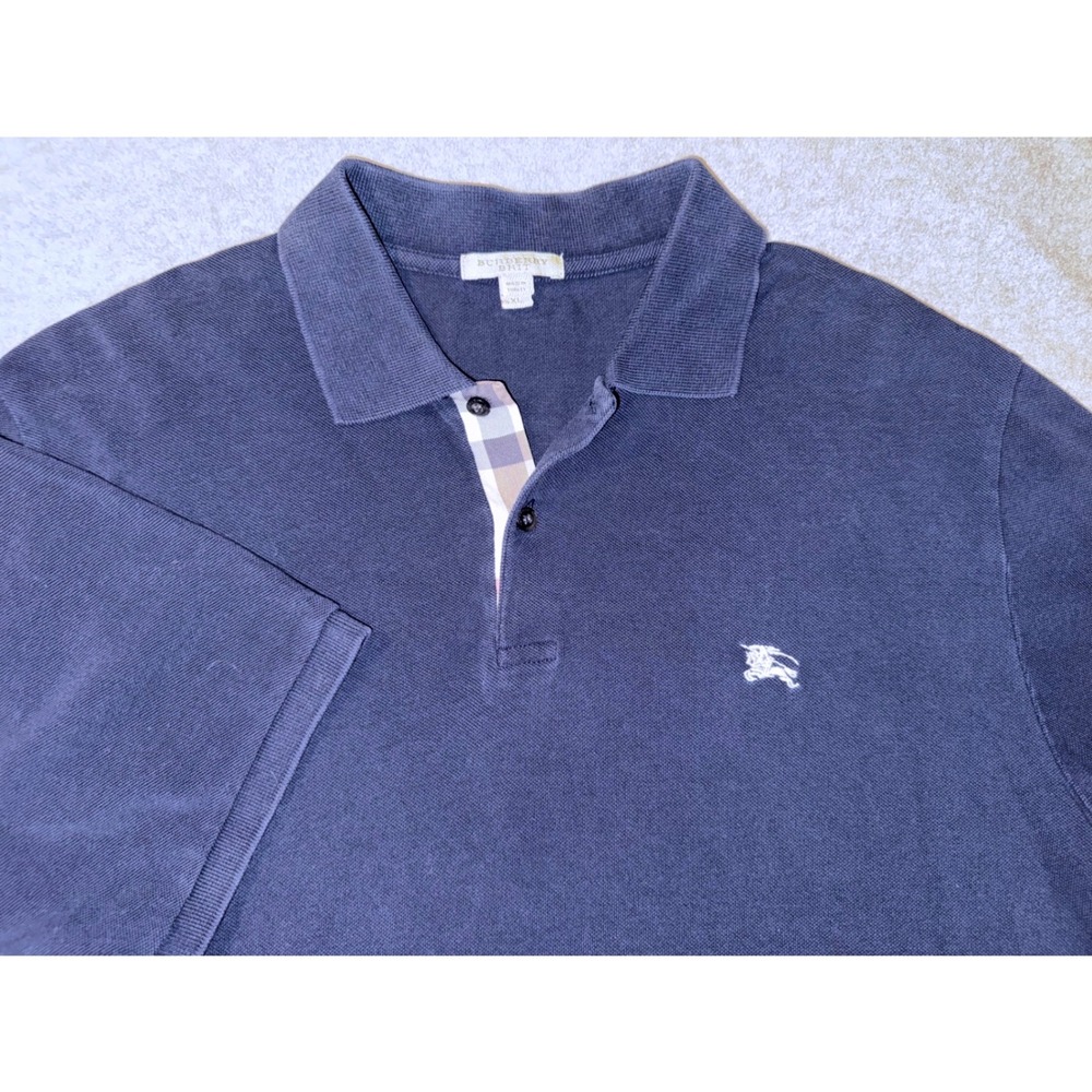 Burberry Brit Mens Navy Blue Cotton Pique Polo Shirt XL Nova Check Placket Logo